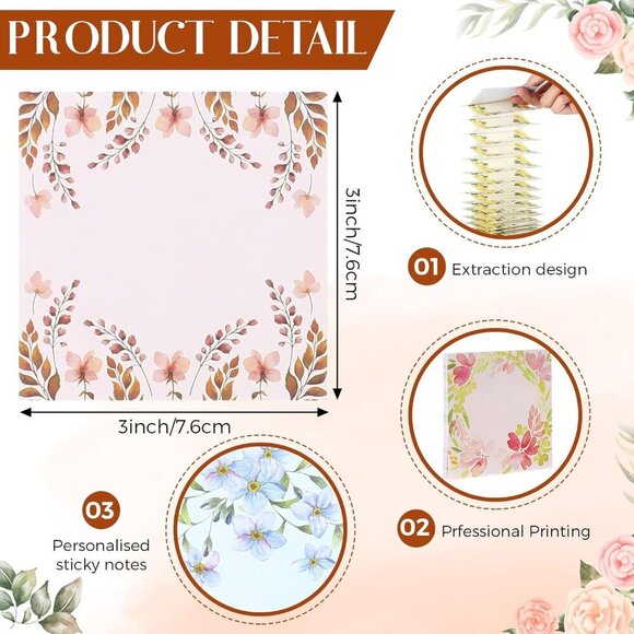15 Pads Pop up Sticky Notes 3 x 3 Inch Floral Sticky Notes Refills Cute Sticky P - Picture 2 of 7